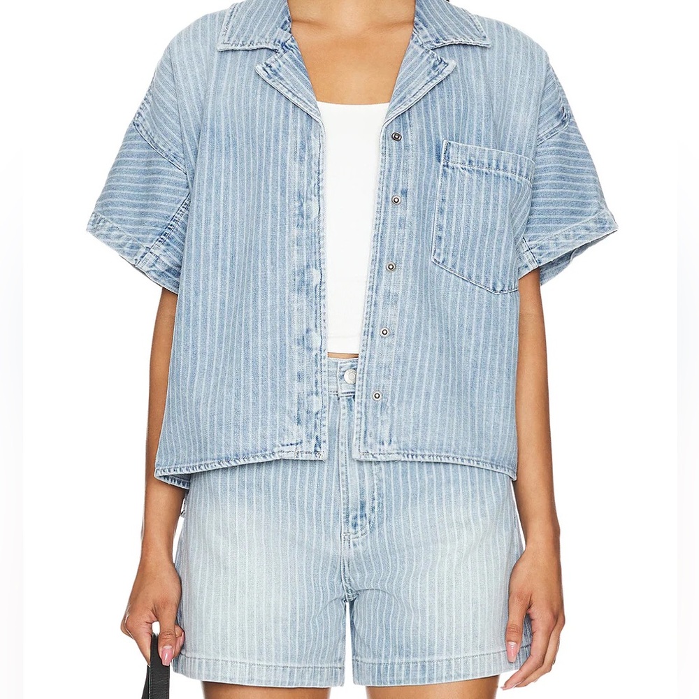 PISTOLA Striped Denim Shirt and Shorts Set